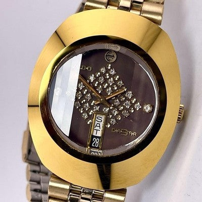 RADO DIASTAR 636.0013.3 AUTOMATIC GOLD CASE BROWN DIAL DIAMOND INDEX 35MM WATCH