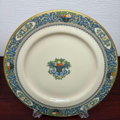 LENOX AUTUMN DINNER PLATES 27CM SET OF 6 IVORY BLUE GOLD TRIM USA MADE VINTAGE
