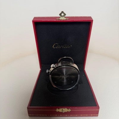 CARTIER TRAVEL CLOCK ALARM QUARTZ BLACK DIAL DESK CLOCK W/BOX WARRANTY 2006