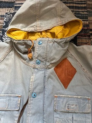 KAPITAL KOUNTRY MOUNTAIN PARKA JACKET LIGHT BLUE YELLOW HOOD LEATHER PATCH S