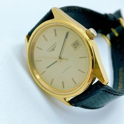 LONGINES 1663 AUTOMATIC DATE MEN'S VINTAGE GOLD DIAL ROUND WATCH BLACK STRAP
