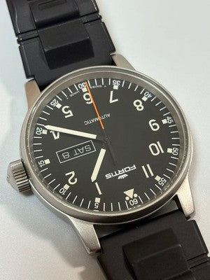 FORTIS FLIEGER 595221581 AUTOMATIC MENS WATCH BLACK DIAL DAY DATE MINT CONDITION