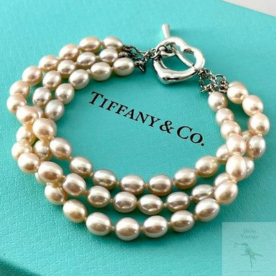 TIFFANY OPEN HEART PEARL TRIPLE STRAND BRACELET SILVER 925 TOGGLE CLASP