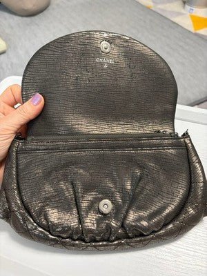 CHANEL HALF MOON METALLIC SILVER CHAIN WALLET SHOULDER BAG FLAP LIMITED RARE