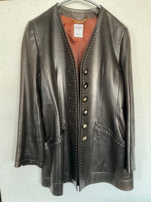CELINE LAMBSKIN COLLARLESS LEATHER JACKET BROWN WOMEN VINTAGE EXCELLENT CLEAN OK