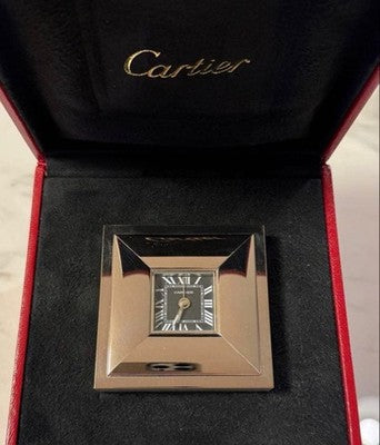 CARTIER TRAVEL CLOCK QUARTZ SQUARE BLACK DIAL DESK TABLE CLOCK W/BOX