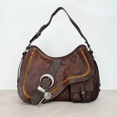 CHRISTIAN DIOR GAUCHO SADDLE BAG JOHN GALLIANO BROWN LEATHER AUTH GOOD