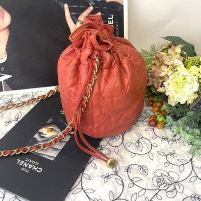 CHANEL MATELASSE LAMBSKIN DRAWSTRING CHAIN SHOULDER BAG RED QUILTED COCO MARK