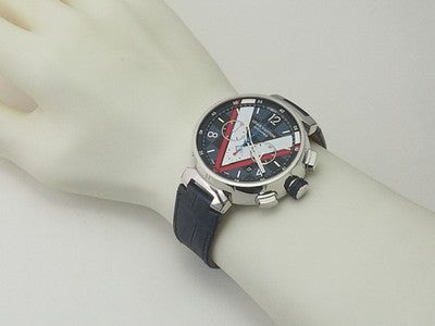 LOUIS VUITTON TAMBOUR CHRONOGRAPH DAMIER COBALT V QA076 SS BLUE/WHITE/RED WATCH