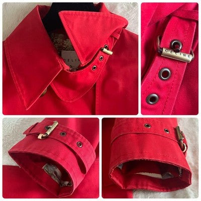 CELINE RED COTTON TRENCH COAT BELT SCARF HANGER SET SIZE S FRANCE MADE