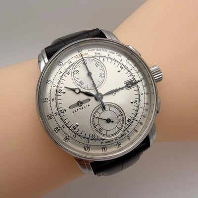 ZEPPELIN 100 JAHRE 8670-1 QUARTZ CHRONOGRAPH MEN'S WATCH SILVER DIAL BROWN BAND
