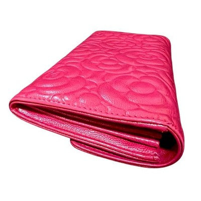 CHANEL CAMELLIA EMBOSSED CAVIAR SKIN LONG WALLET PINK GOLD HARDWARE