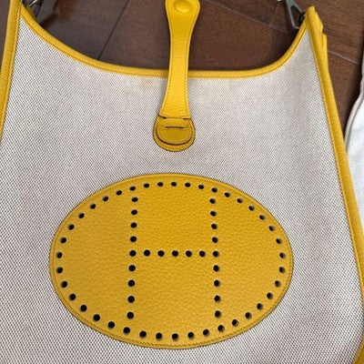 HERMES EVELYNE PM SHOULDER BAG YELLOW CANVAS & LEATHER COMBINATION, USED