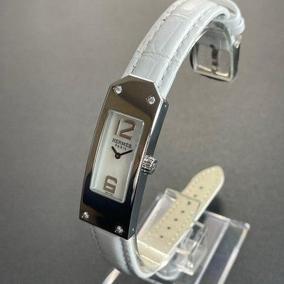 HERMES KELLY 2 KT1.230 QUARTZ WHITE SHELL 4P DIAMOND SILVER STEEL WATCH USED
