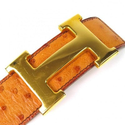 HERMES VINTAGE OSTRICH LEATHER BELT BROWN GOLD H LOGO BUCKLE SIZE 85 1995 FRANCE