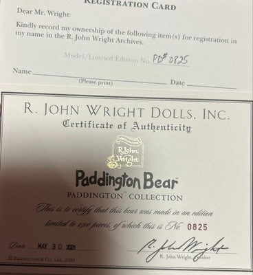 R JOHN WRIGHT DOLLS PADDINGTON BEAR LIMITED EDITION 2500 COLLECTIBLE GOOD UNUSED