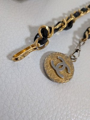 CHANEL VINTAGE GOLD BLACK CHAIN BELT LEATHER METAL WOMEN'S AUTHENTIC USED BAG