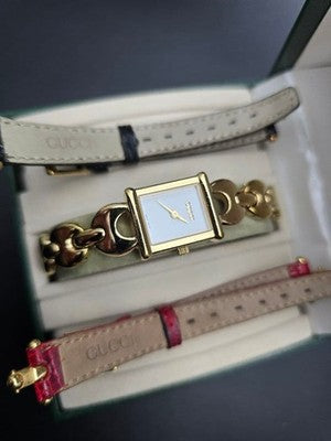 GUCCI 1800L VINTAGE WATCH W/ 2 EXTRA STRAPS & BOX GOLD PLATED SWISS