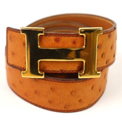 HERMES VINTAGE OSTRICH LEATHER BELT BROWN GOLD H LOGO BUCKLE SIZE 85 1995 FRANCE