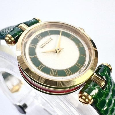 GUCCI 2000L SHERRY LINE WOMENS QUARTZ WATCH WHITE DIAL GREEN LEATHER BAND W/BOX