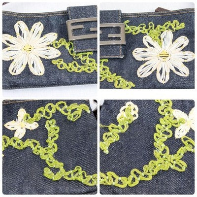 FENDI DENIM BAGUETTE SHOULDER BAG NAVY EMBROIDERED FLOWER EXCELLENT