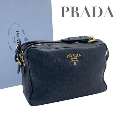 PRADA VITELLO DINO LEATHER SHOULDER NAVY GOLD HARDWARE