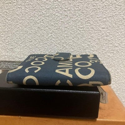 CHANEL 02P A18329X02175 LOGO PRINT BI-FOLD WALLET CANVAS LEATHER NAVY BEIGE