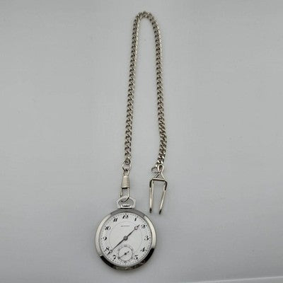 MOVADO VINTAGE POCKET WATCH 15 JEWELS ENAMEL DIAL MANUAL WIND W/ CHAIN WORKING