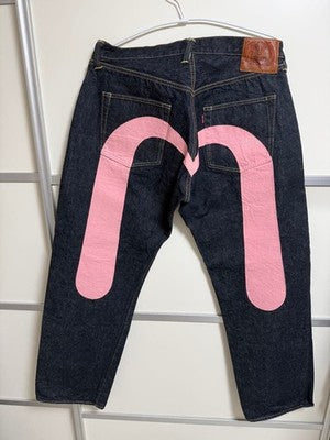 EVISU PINK ART DENIM PANTS SIZE 42X32 USED IN JAPAN UNIQUE DESIGN