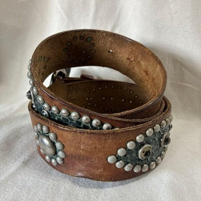 HOLLYWOOD TRADING COMPANY BLUE PYTHON PEANUT STUDS LEATHER BELT BROWN VINTAGE JP