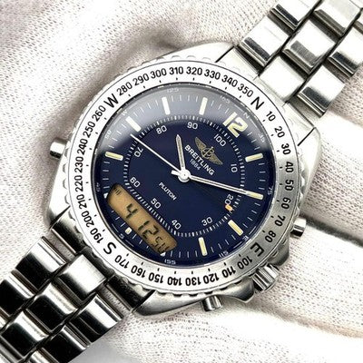 BREITLING PLUTON MULTIFUNCTION A51038 NAVY DIAL STEEL QUARTZ ANALOG WATCH USED