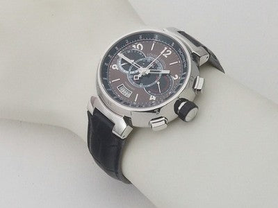 LOUIS VUITTON TAMBOUR VOYAGE CHRONOGRAPH Q102A BROWN BLACK WRISTWATCH AUTHENTIC