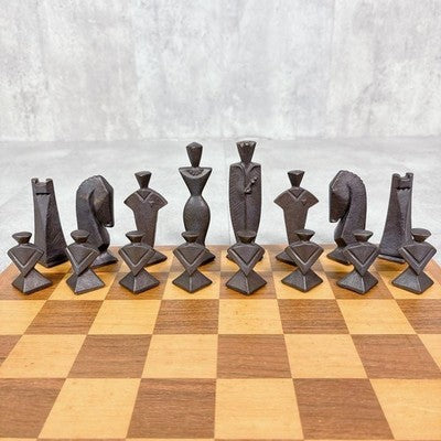 S488 BRONZE CHESS SET HANDMADE WOODEN CHESSBOARD STORAGE BOX ANTIQUE RETRO AS IS