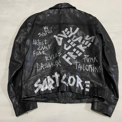 ART COMES FIRST LEATHER RIDER JACKET EARLY-ERA PUNK HAND-PAINTED BLACK SIZE 40
