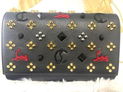 CHRISTIAN LOUBOUTIN PALOMA CLUTCH BLACK RED STUDDED CHAIN WALLET BAG 2WAY