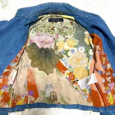 GUCCI NAPOLEON DENIM JACKET WITH GOLD BUTTONS FLORAL LINING M WOMEN