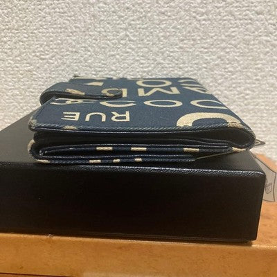 CHANEL 02P A18329X02175 LOGO PRINT BI-FOLD WALLET CANVAS LEATHER NAVY BEIGE