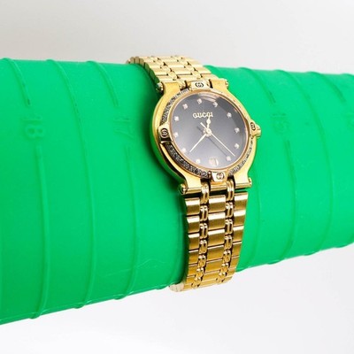 GUCCI 9200L DIAMOND BEZEL 11P DIAMONDS QUARTZ GOLD BLACK WATCH 3242
