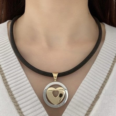 BVLGARI TONDO HEART PENDANT 18K YELLOW GOLD STEEL CHOKER NECKLACE USED