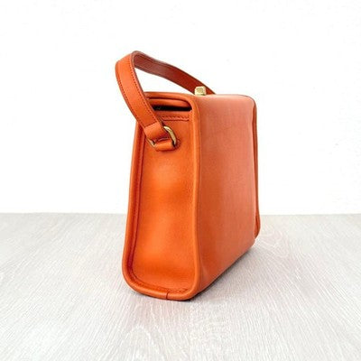 COACH VINTAGE GEOMETRIC TURNLOCK HAND BAG ORANGE LEATHER RARE USA MADE OLD COACH