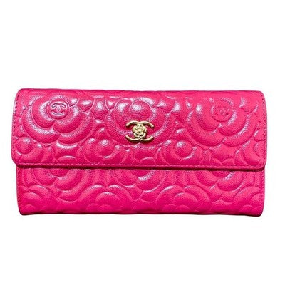CHANEL CAMELLIA EMBOSSED CAVIAR SKIN LONG WALLET PINK GOLD HARDWARE