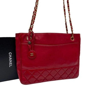 CHANEL MATELASSE LAMBSKIN CHAIN SHOULDER TOTE BAG RED QUILTED LEATHER COCO MARK