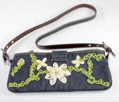 FENDI DENIM BAGUETTE SHOULDER BAG NAVY EMBROIDERED FLOWER EXCELLENT