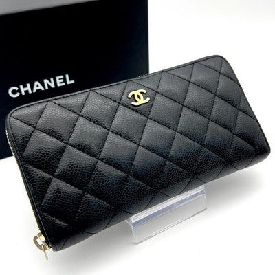 CHANEL CAVIAR SKIN MATELASSE ROUND ZIP LONG WALLET C195 GOLD HARDWARE