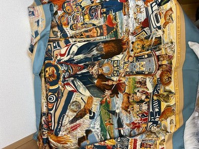 HERMES SCARF TSITSIKA BY KERMIT OLIVER 90 CM BROWN CARRE NATIVE KACHINA SILK