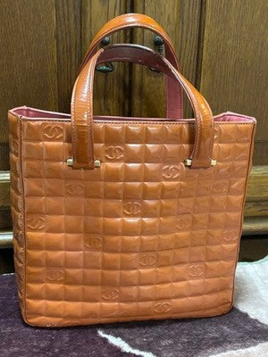 CHANEL CHOCOLATE BAR PATENT LEATHER TOTE BAG COCO MARK BROWN AUTHENTIC