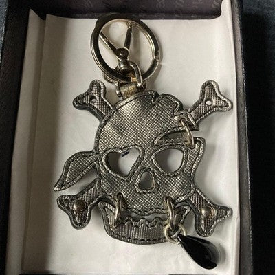 PRADA SKULL MOTIF KEYRING KEY CHAIN BAG CHARM METAL LEATHER W/ BOX