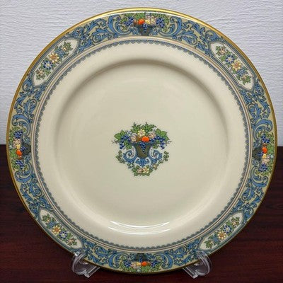 LENOX AUTUMN DINNER PLATES 27CM SET OF 6 IVORY BLUE GOLD TRIM USA MADE VINTAGE