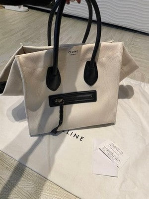 AUTHENTIC CELINE MEDIUM LUGGAGE PHANTOM TOTE BAG CANVAS WITH LEATHER TRIM WHITE