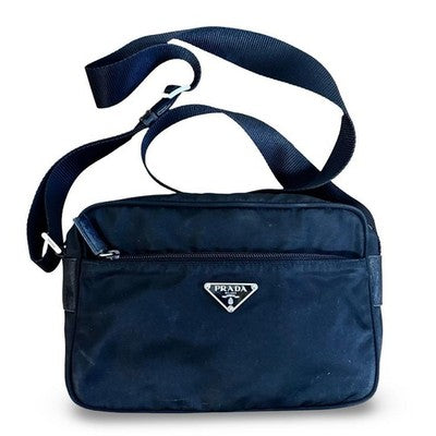 PRADA NYLON LEATHER TRIANGLE LOGO CAMERA SHOULDER BAG BLACK UNISEX CROSSBODY